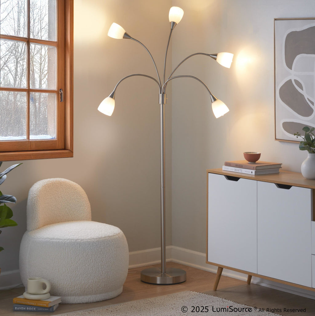 Medusa®  71" Metal Floor Lamp 5 Arm - Brushed Nickel Finish, White Glass