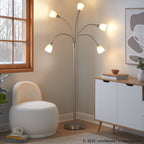 Medusa®  71" Metal Floor Lamp 5 Arm - Brushed Nickel Finish, White Glass
