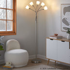 Medusa®  71" Metal Floor Lamp 5 Arm - Brushed Nickel Finish, White Glass
