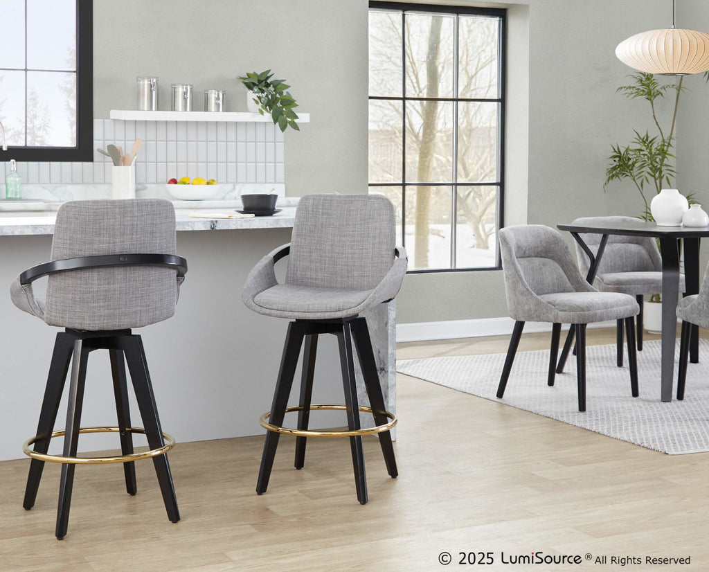 Cosmo 26" Fixed-Height Counter Stool - Set of 2 - Black Wood, Grey Fabric, Gold Metal