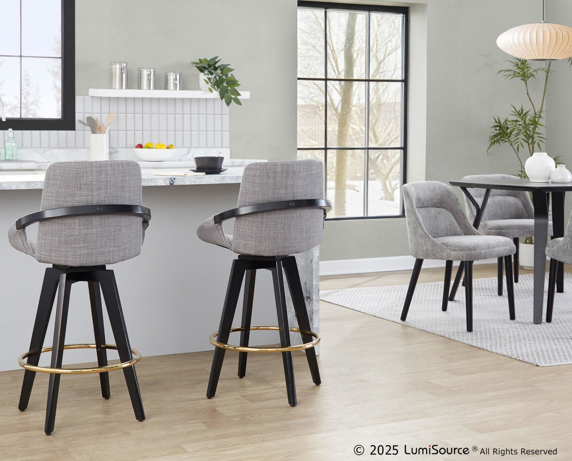 Cosmo 26" Fixed-Height Counter Stool - Set of 2 - Black Wood, Grey Fabric, Gold Metal
