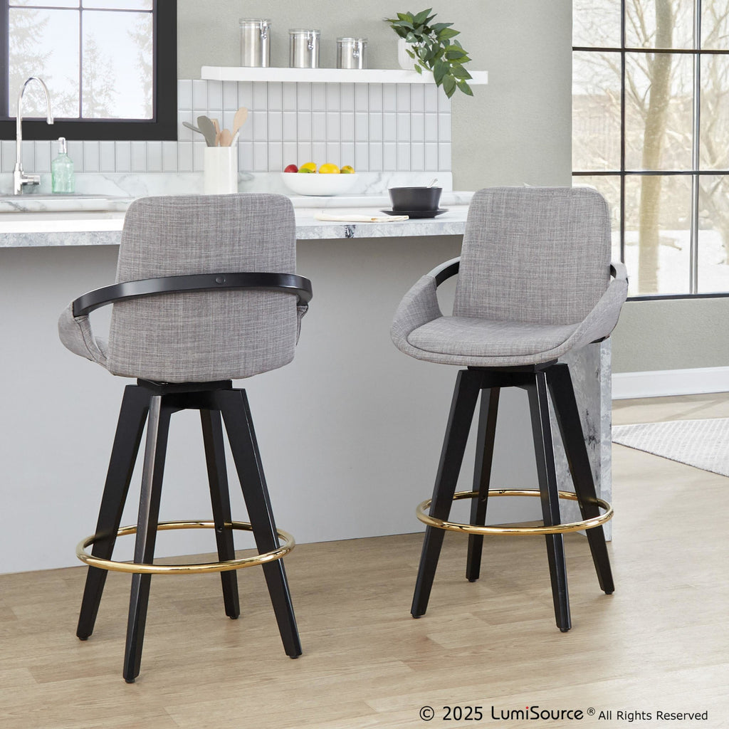 Cosmo 26" Fixed-Height Counter Stool - Set of 2 - Black Wood, Grey Fabric, Gold Metal
