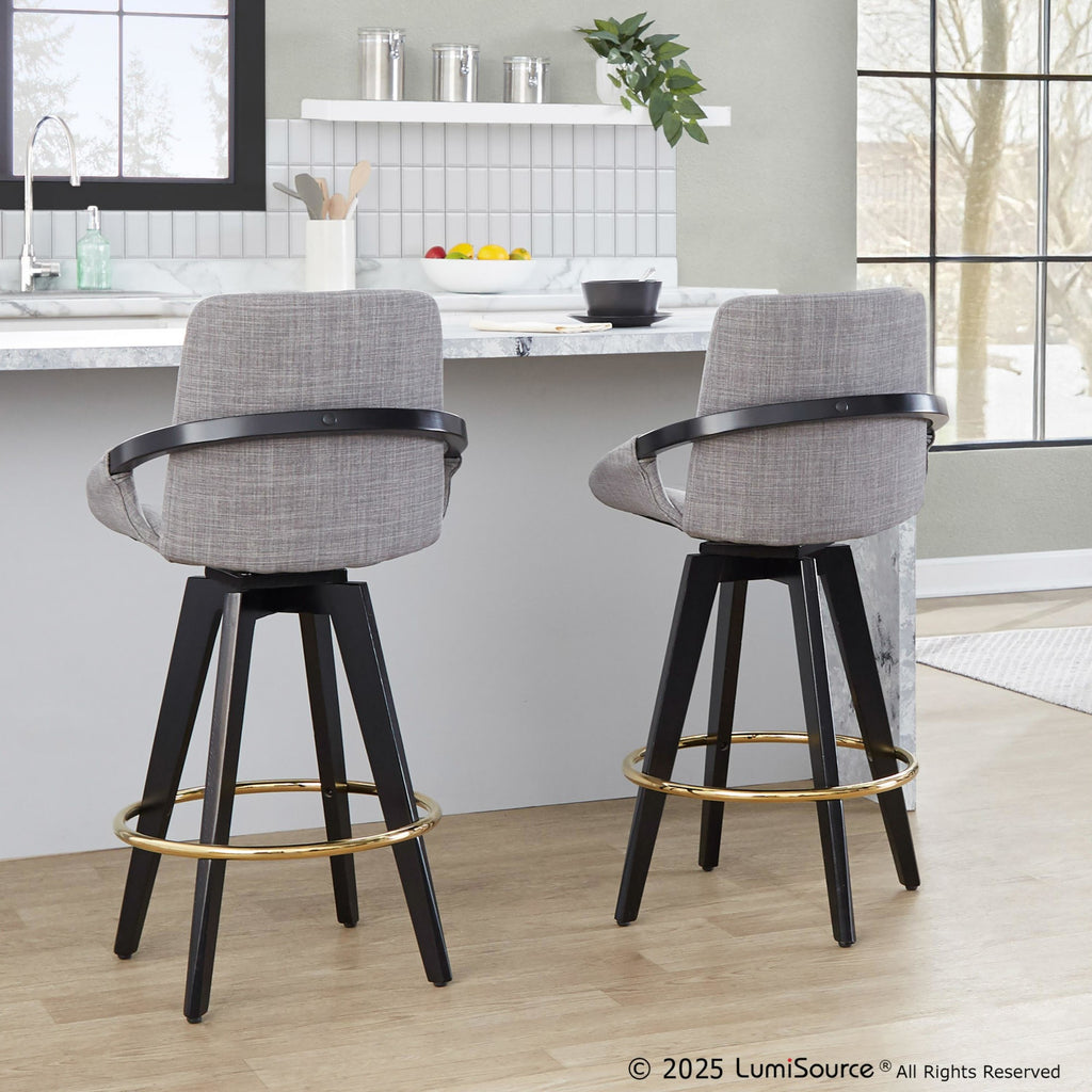 Cosmo 26" Fixed-Height Counter Stool - Set of 2 - Black Wood, Grey Fabric, Gold Metal