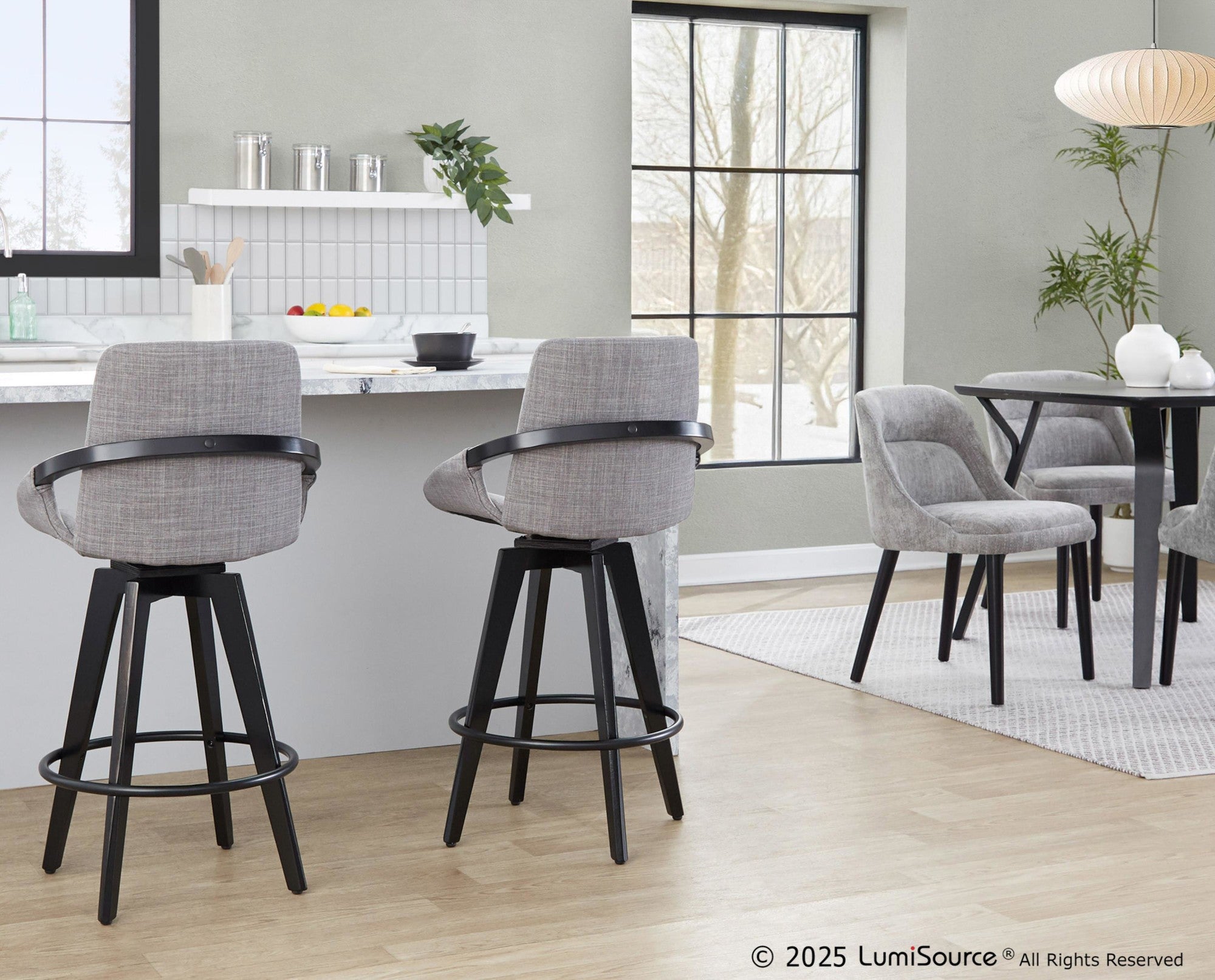 Cosmo 26" Fixed-Height Counter Stool - Set of 2 - Black Wood, Grey Fabric, Black Metal