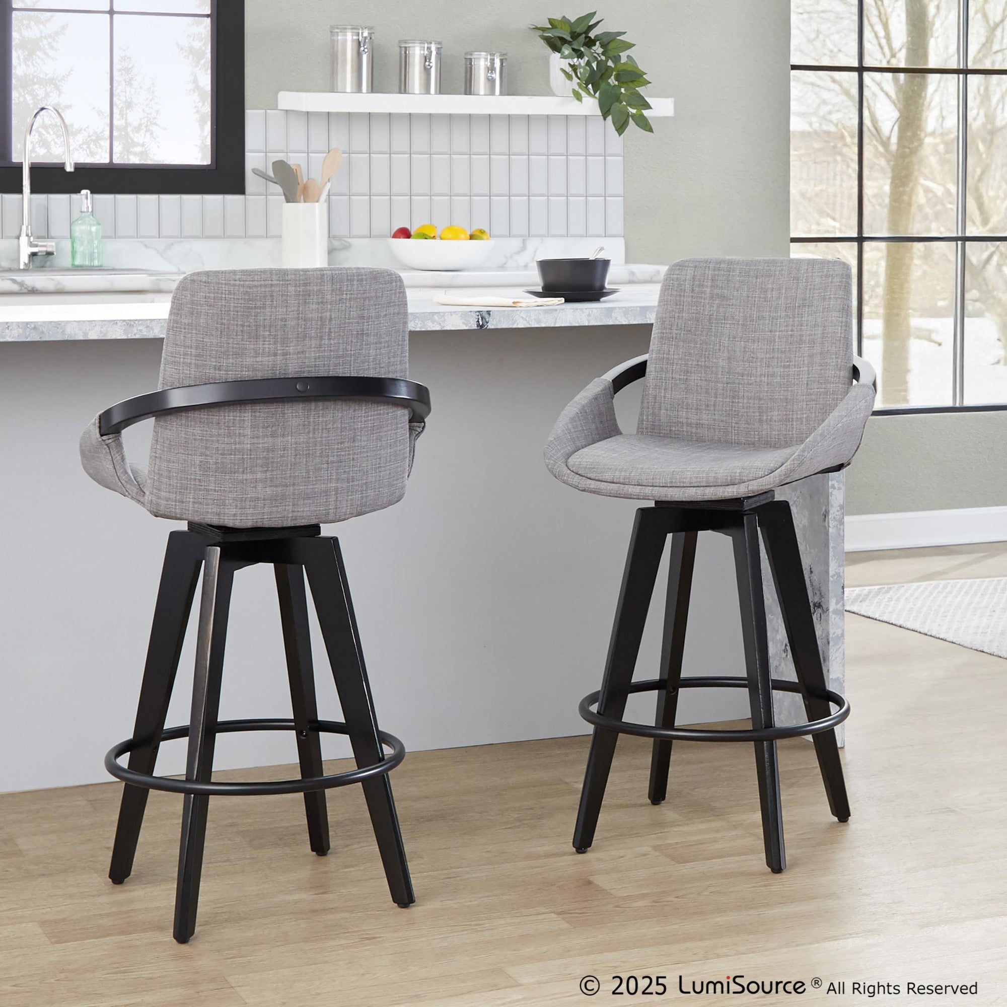 Cosmo 26" Fixed-Height Counter Stool - Set of 2 - Black Wood, Grey Fabric, Black Metal
