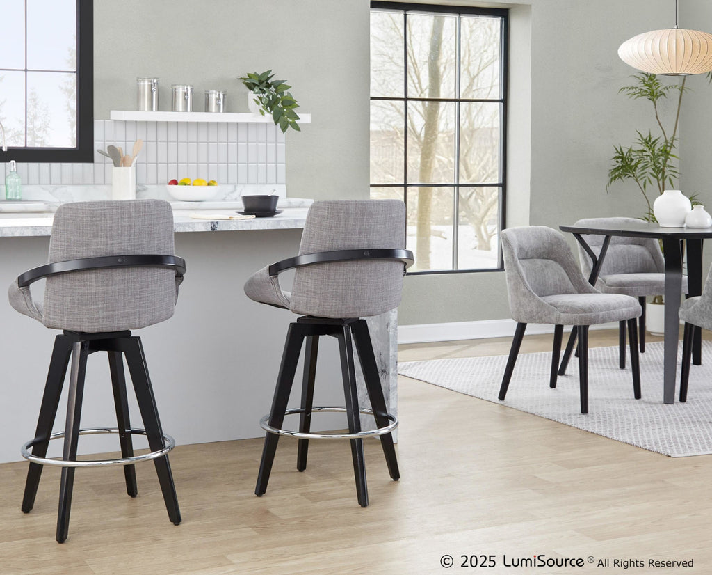 Cosmo 26" Fixed-Height Counter Stool - Set of 2 - Black Wood, Grey Fabric, Chrome Metal