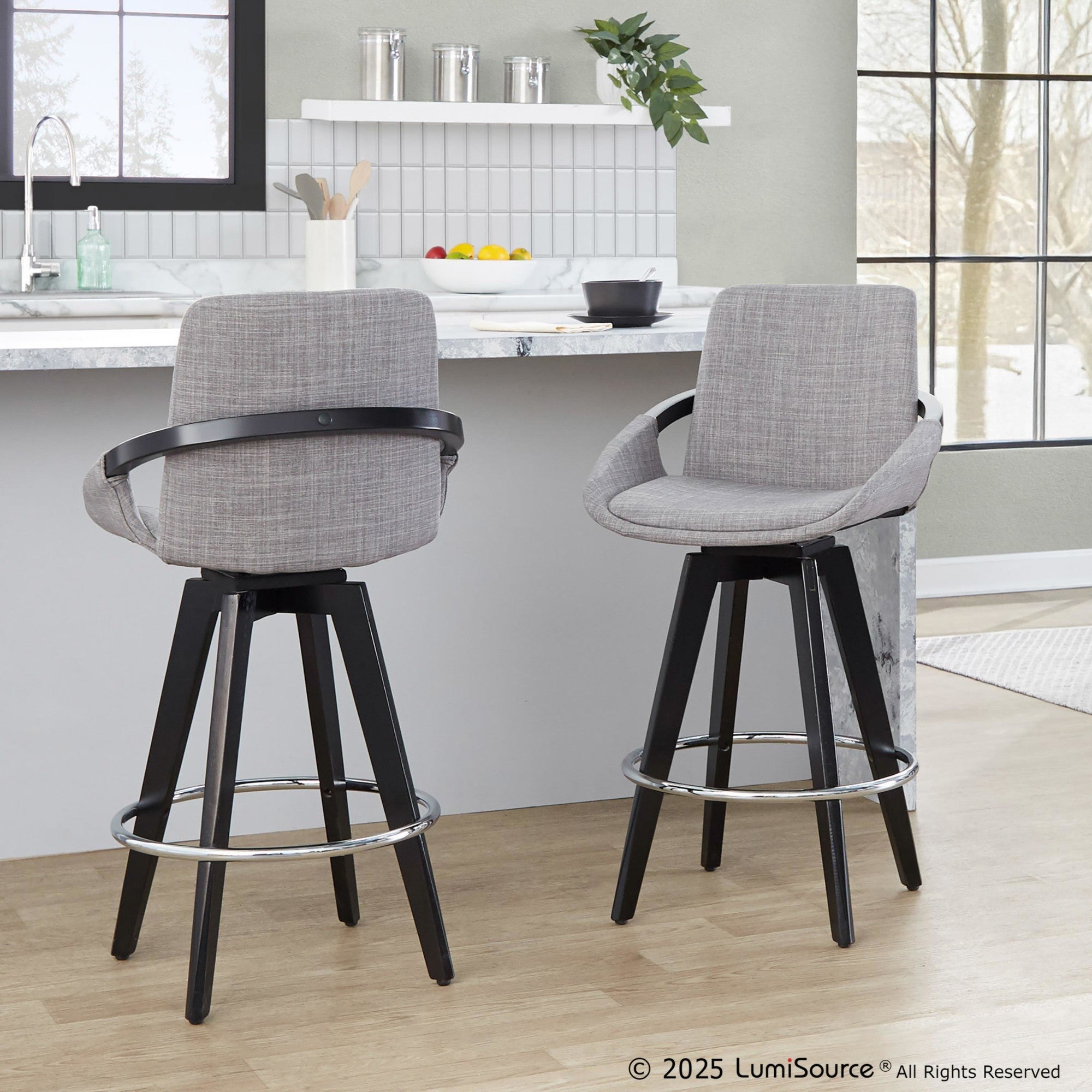 Cosmo 26" Fixed-Height Counter Stool - Set of 2 - Black Wood, Grey Fabric, Chrome Metal