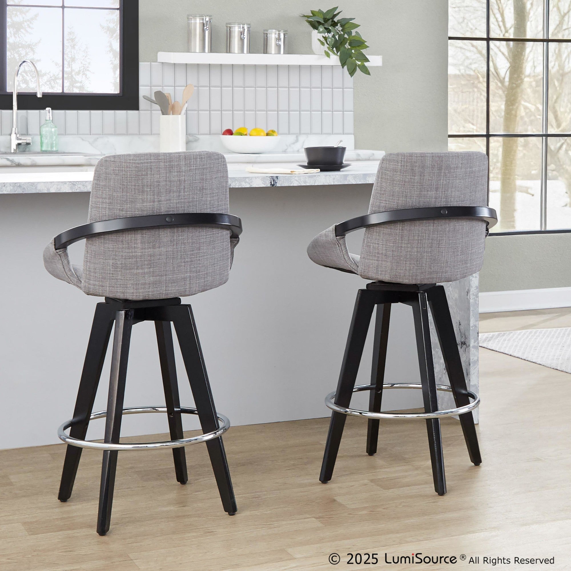 Cosmo 26" Fixed-Height Counter Stool - Set of 2 - Black Wood, Grey Fabric, Chrome Metal