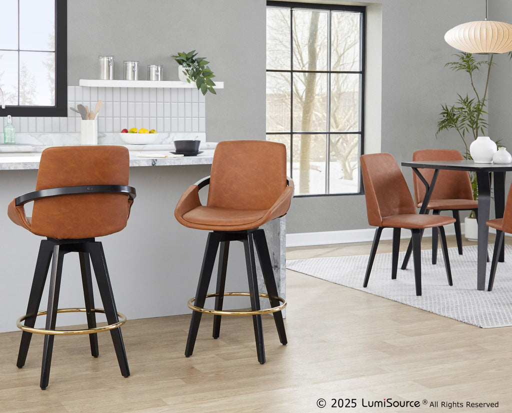 Cosmo 26" Fixed-Height Counter Stool - Set of 2 - Black Wood, Camel PU, Gold Metal