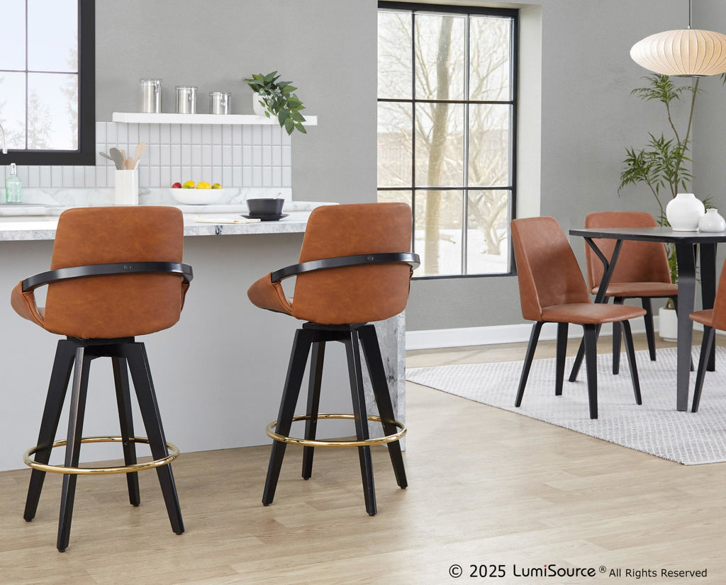 Cosmo 26" Fixed-Height Counter Stool - Set of 2 - Black Wood, Camel PU, Gold Metal