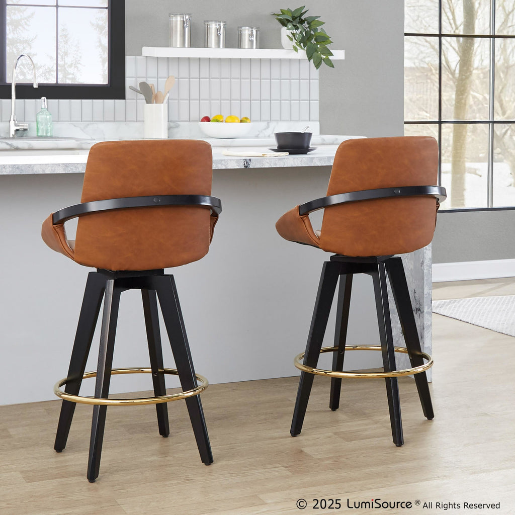 Cosmo 26" Fixed-Height Counter Stool - Set of 2 - Black Wood, Camel PU, Gold Metal