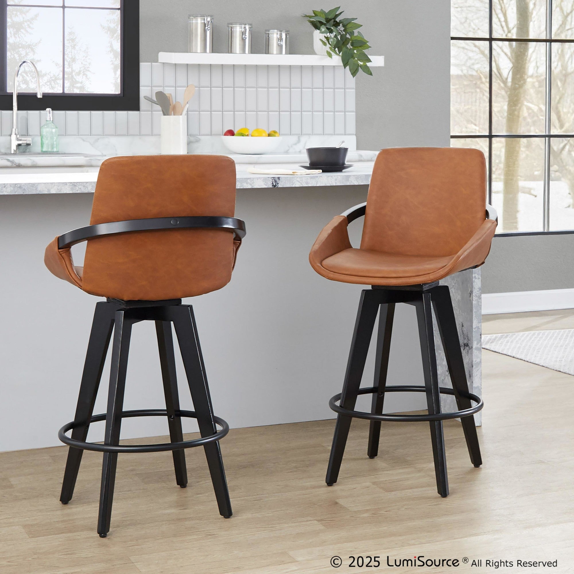 Cosmo 26" Fixed-Height Counter Stool - Set of 2 - Black Wood, Camel PU, Black Metal