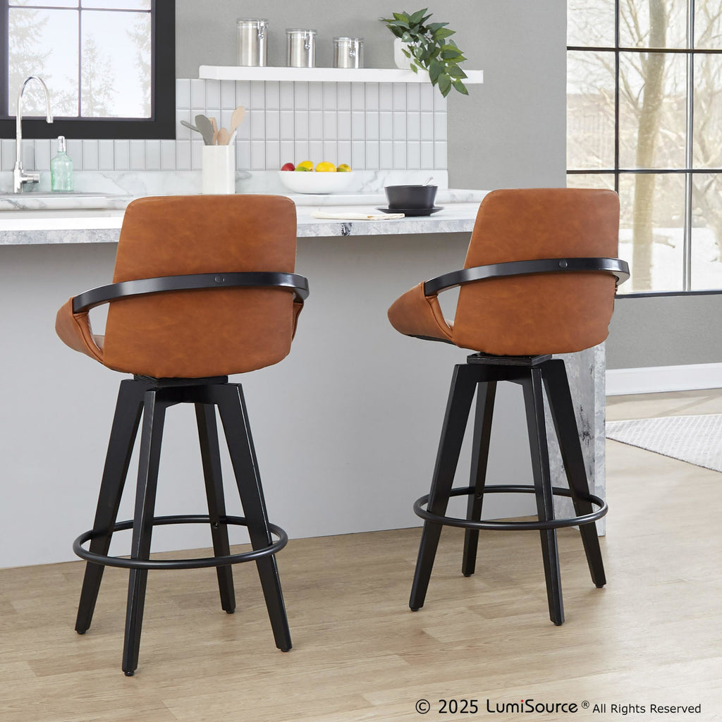 Cosmo 26" Fixed-Height Counter Stool - Set of 2 - Black Wood, Camel PU, Black Metal