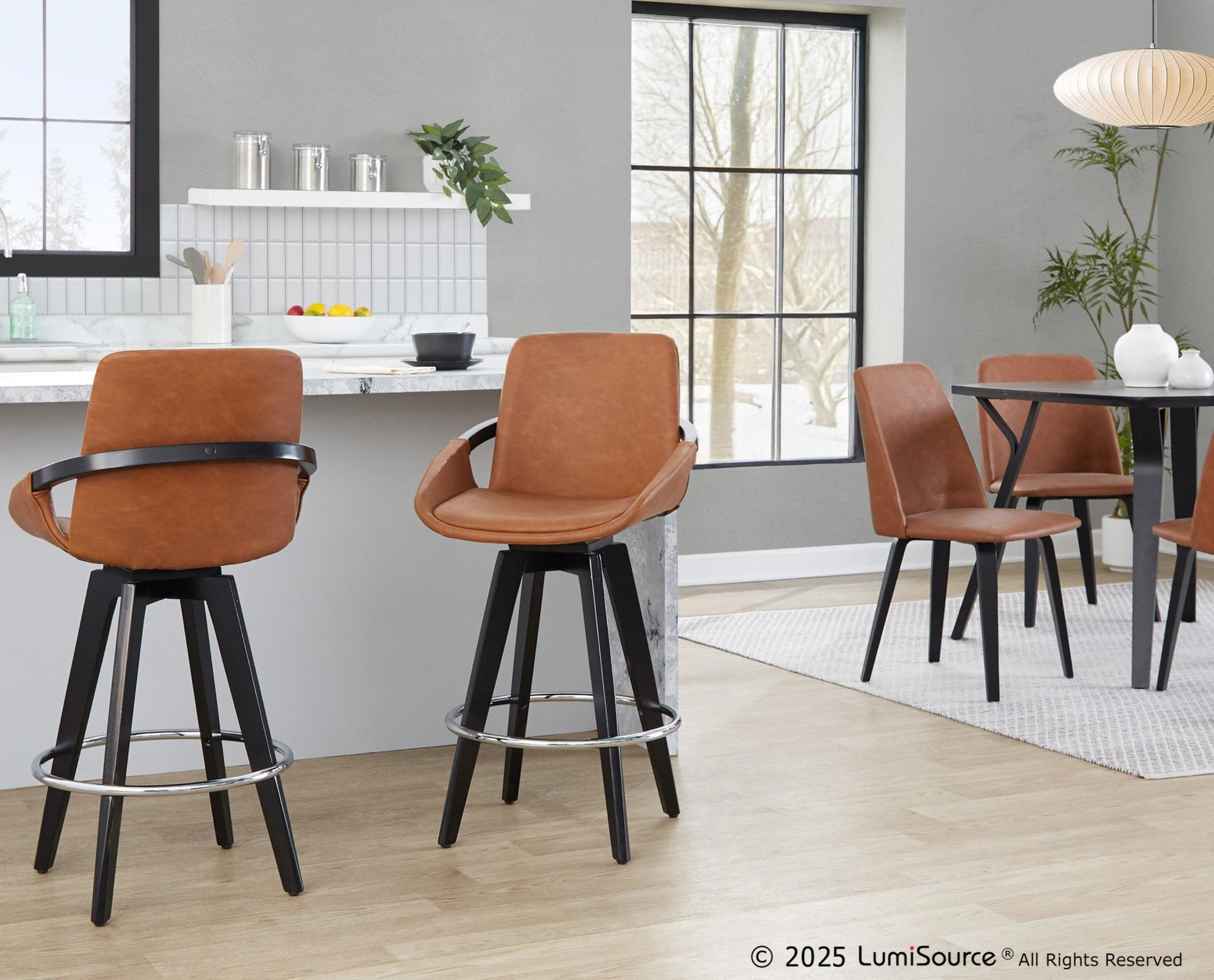 Cosmo 26" Fixed-Height Counter Stool - Set of 2 - Black Wood, Camel PU, Chrome Metal