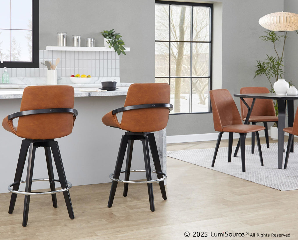 Cosmo 26" Fixed-Height Counter Stool - Set of 2 - Black Wood, Camel PU, Chrome Metal
