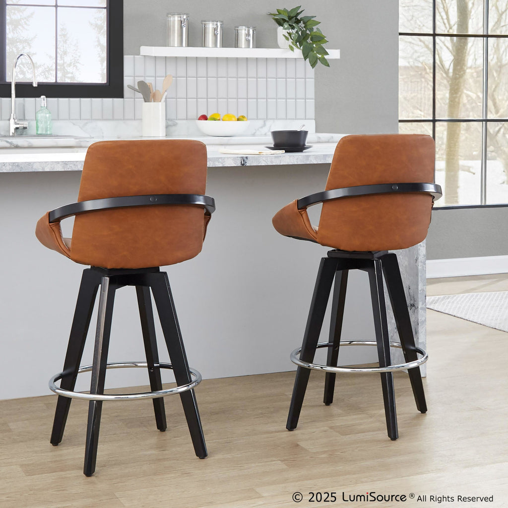 Cosmo 26" Fixed-Height Counter Stool - Set of 2 - Black Wood, Camel PU, Chrome Metal