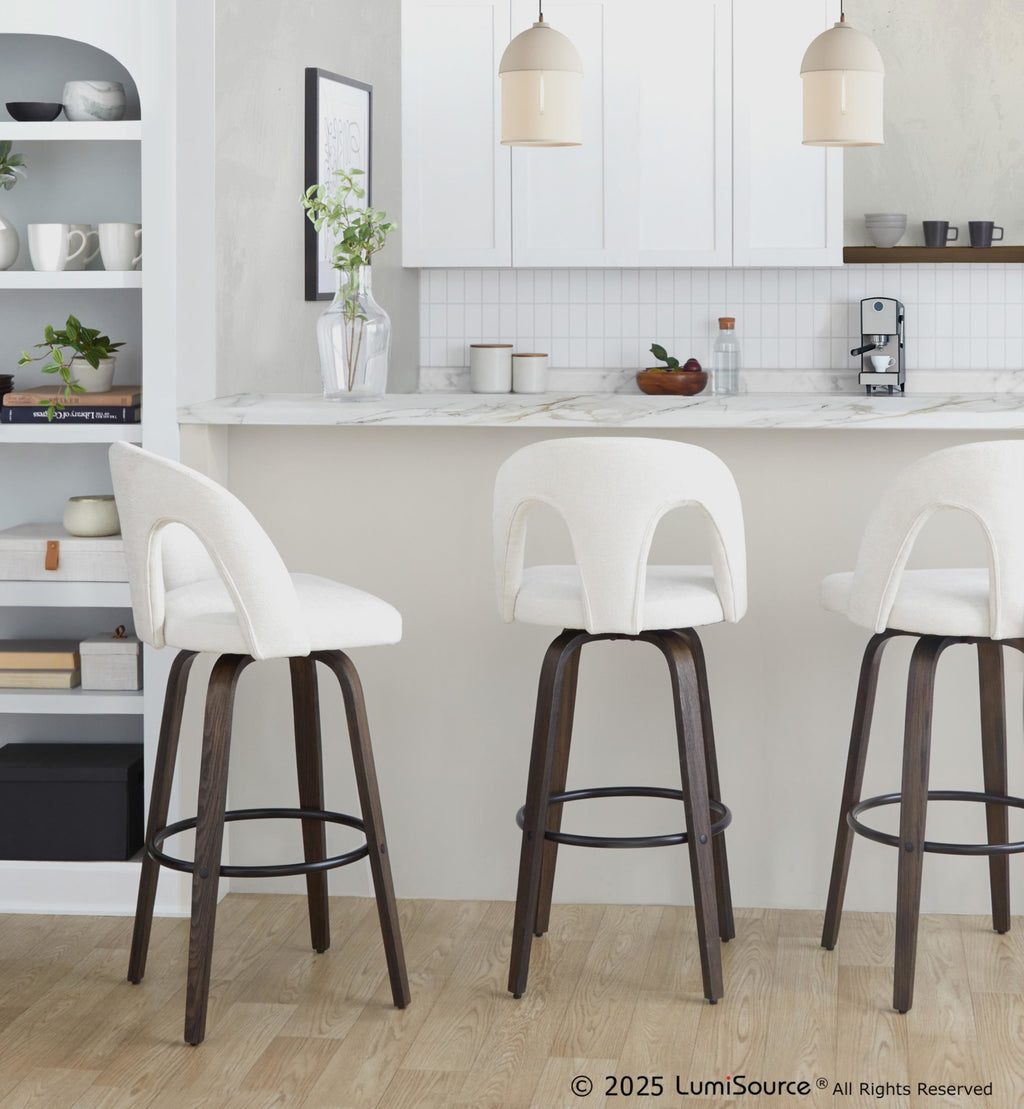 Ava Upholstered 30" Fixed-Height Barstool - Set of 2 - Walnut Glazed Wood, Snow White Fabric, Black Metal