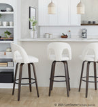 Ava Upholstered 30" Fixed-Height Barstool - Set of 2 - Walnut Glazed Wood, Snow White Fabric, Black Metal