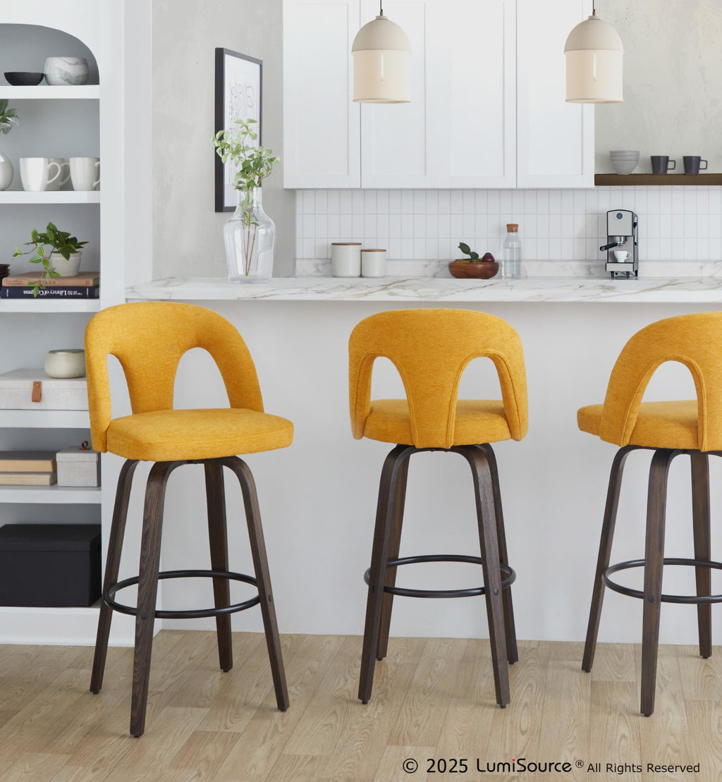 Ava Upholstered 30" Fixed-Height Barstool - Set of 2 - Walnut Glazed Wood, Yellow Fabric, Black Metal