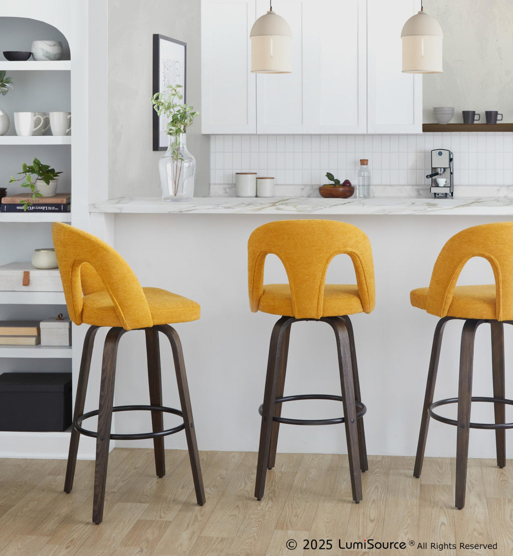 Ava Upholstered 30" Fixed-Height Barstool - Set of 2 - Walnut Glazed Wood, Yellow Fabric, Black Metal