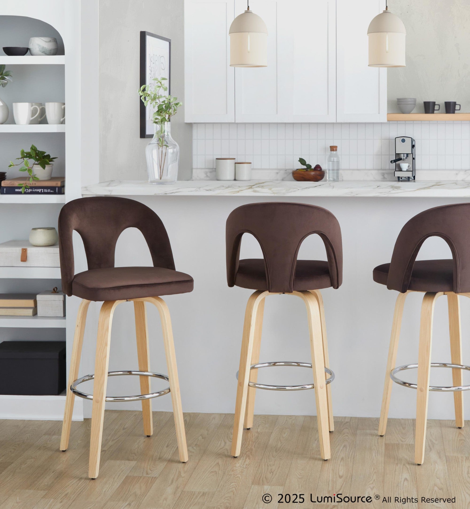 Ava Upholstered 30" Fixed-Height Barstool - Set of 2 - Natural Wood, Espresso Velvet, Chrome Metal