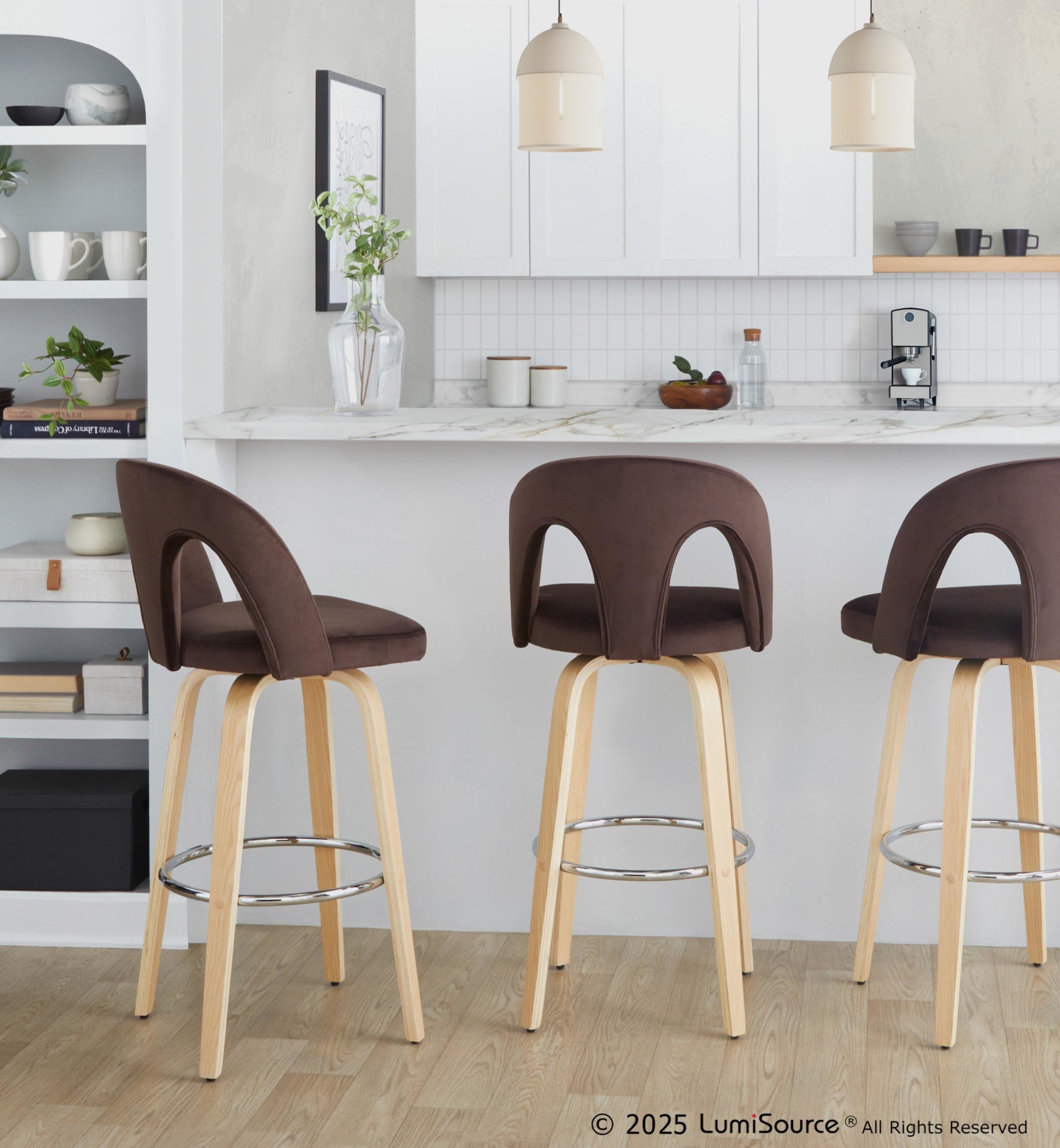 Ava Upholstered 30" Fixed-Height Barstool - Set of 2 - Natural Wood, Espresso Velvet, Chrome Metal