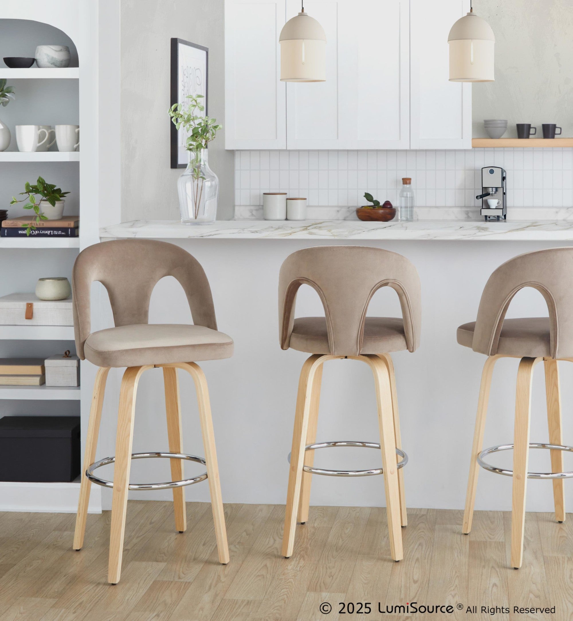 Ava Upholstered 30" Fixed-Height Barstool - Set of 2 - Natural Wood, Taupe Velvet, Chrome Metal