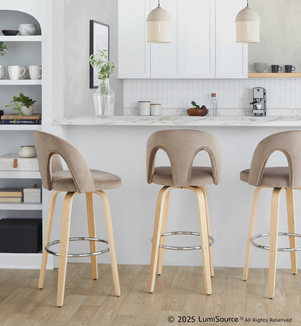Ava Upholstered 30" Fixed-Height Barstool - Set of 2 - Natural Wood, Taupe Velvet, Chrome Metal
