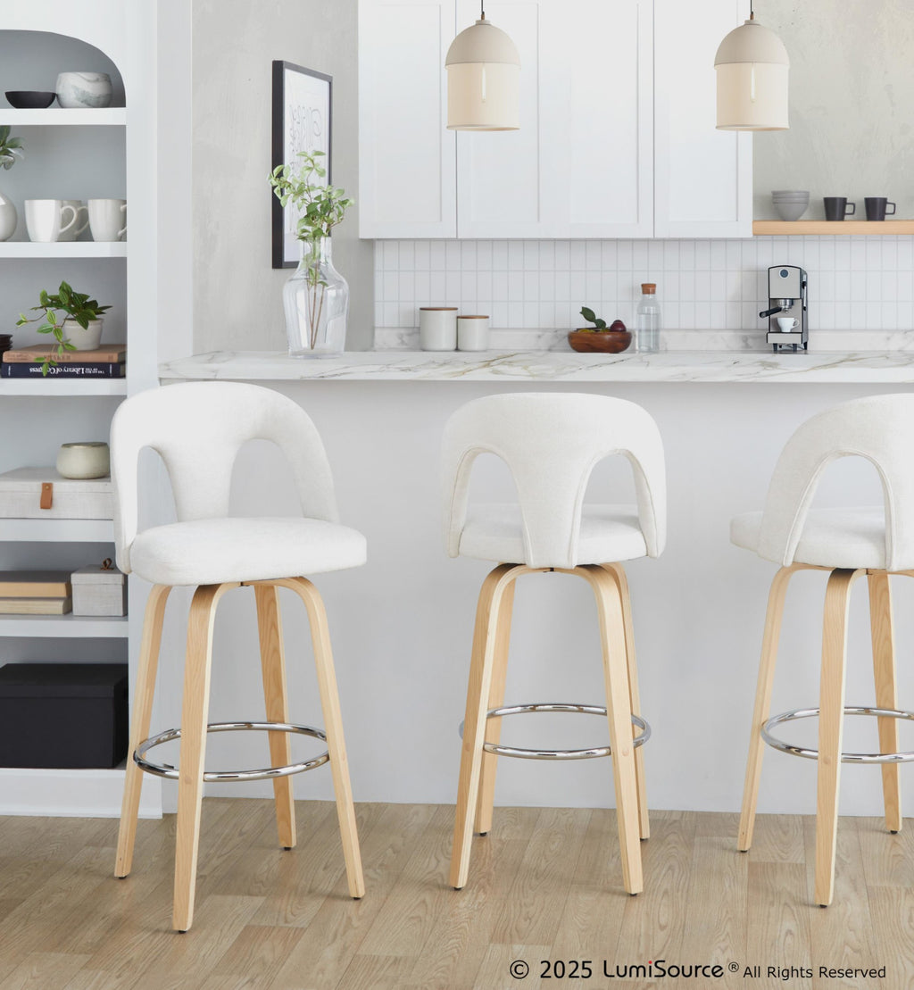 Ava Upholstered 30" Fixed-Height Barstool - Set of 2 - Natural Wood, Snow White Fabric, Chrome Metal