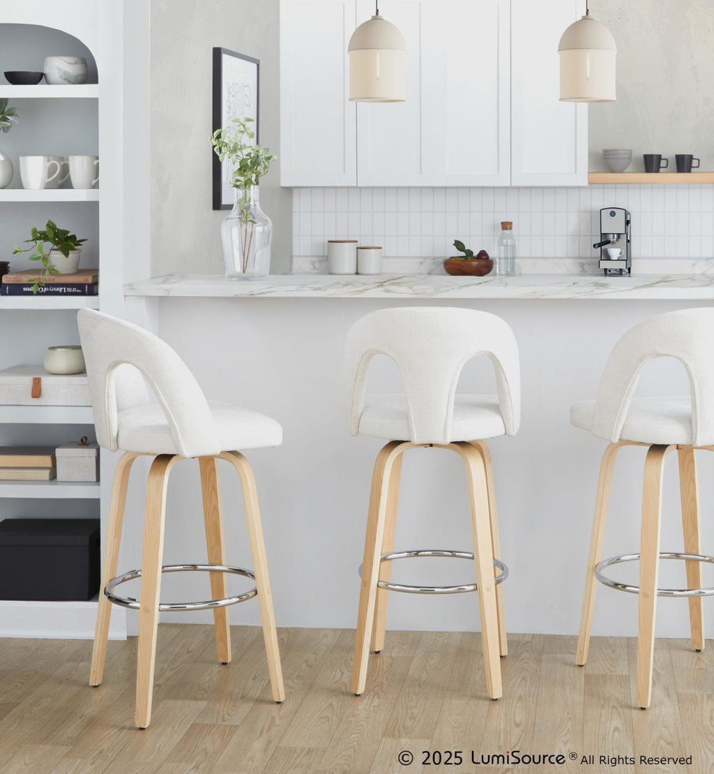 Ava Upholstered 30" Fixed-Height Barstool - Set of 2 - Natural Wood, Snow White Fabric, Chrome Metal