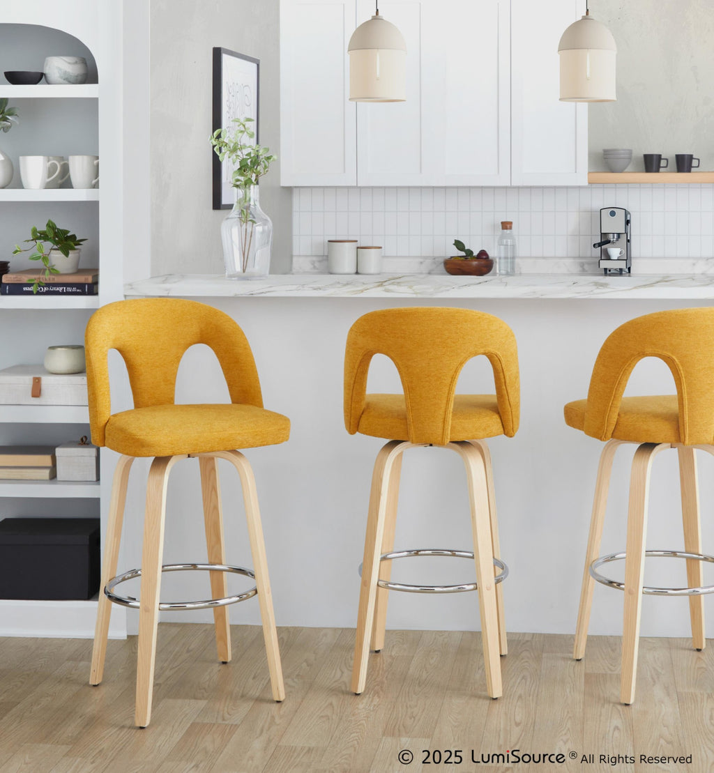Ava Upholstered 30" Fixed-Height Barstool - Set of 2 - Natural Wood, Yellow Fabric, Chrome Metal