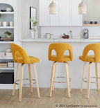 Ava Upholstered 30" Fixed-Height Barstool - Set of 2 - Natural Wood, Yellow Fabric, Chrome Metal