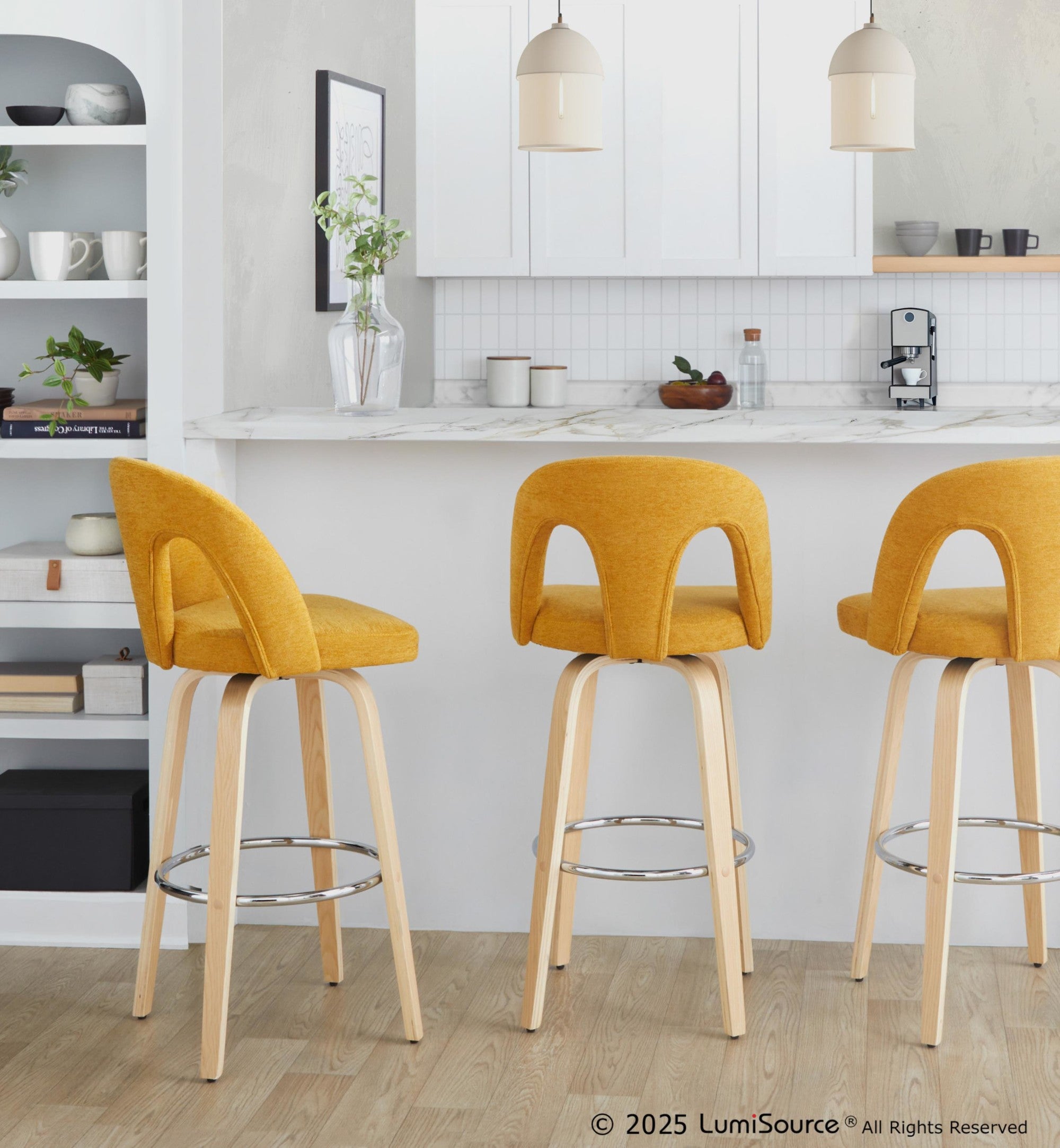 Ava Upholstered 30" Fixed-Height Barstool - Set of 2 - Natural Wood, Yellow Fabric, Chrome Metal