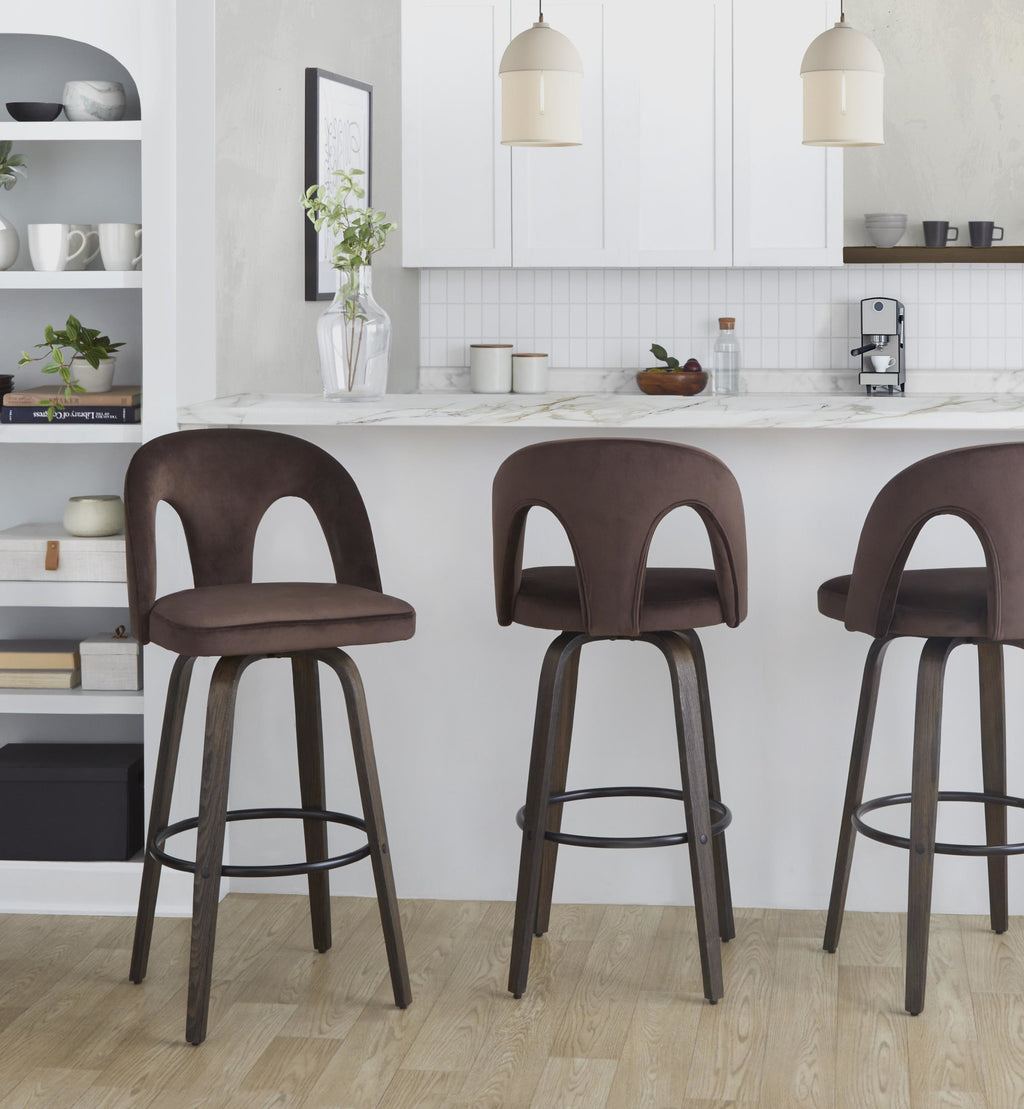 Ava Upholstered 30" Fixed-Height Barstool - Set of 2 - Walnut Glazed Wood, Espresso Velvet, Black Metal