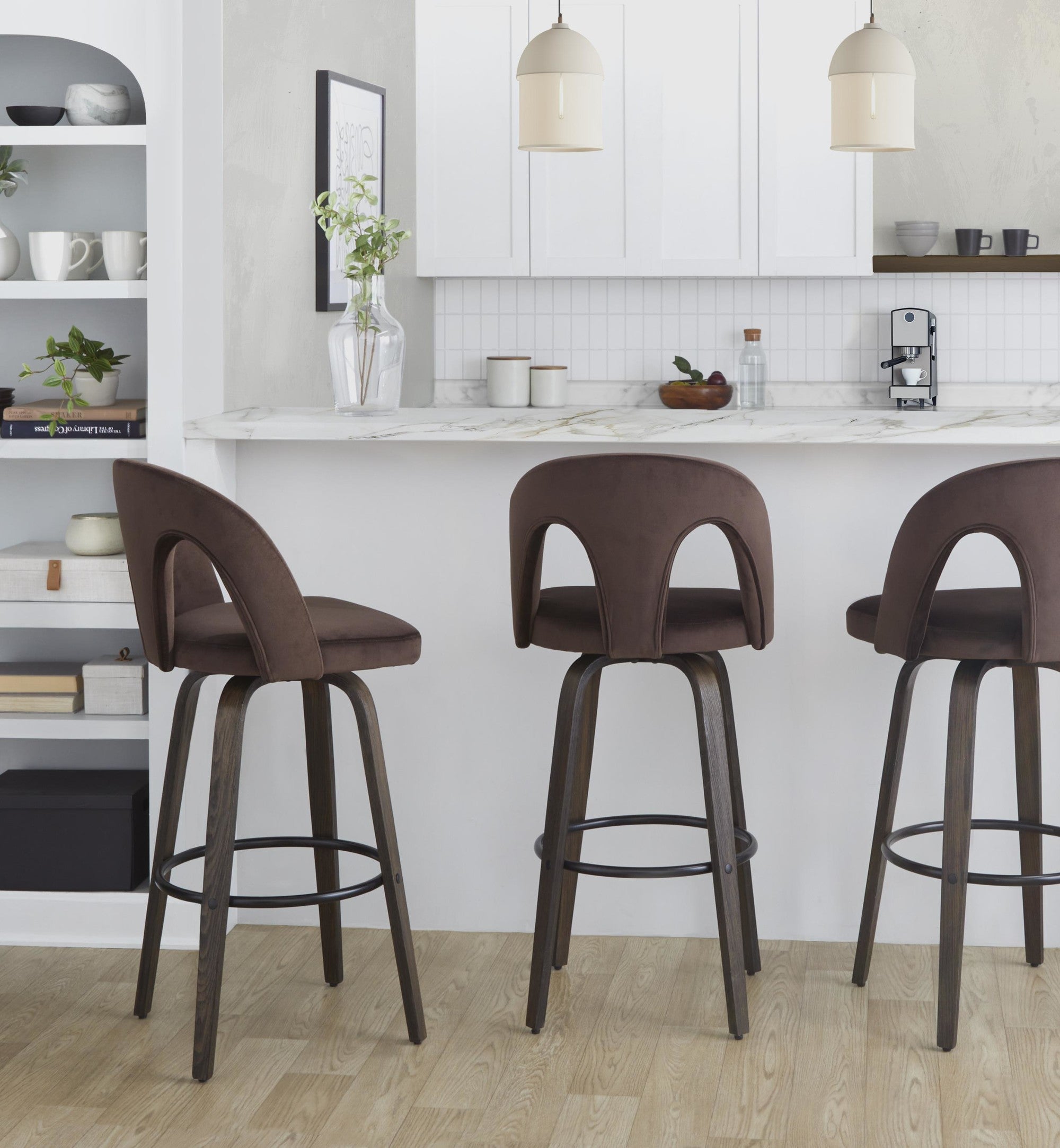 Ava Upholstered 30" Fixed-Height Barstool - Set of 2 - Walnut Glazed Wood, Espresso Velvet, Black Metal