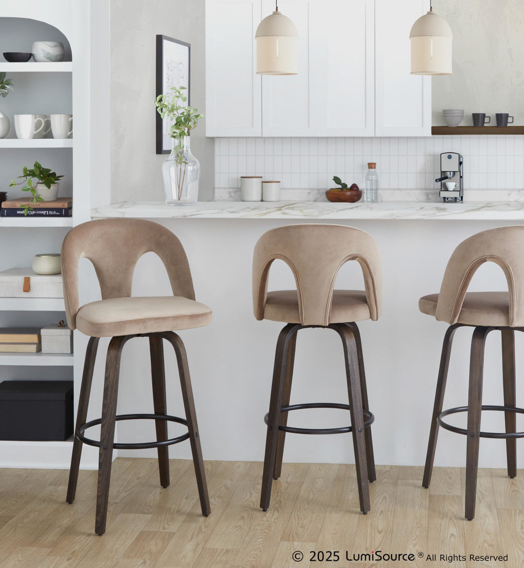 Ava Upholstered 30" Fixed-Height Barstool - Set of 2 - Walnut Glazed Wood, Taupe Velvet, Black Metal
