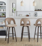 Ava Upholstered 30" Fixed-Height Barstool - Set of 2 - Walnut Glazed Wood, Taupe Velvet, Black Metal