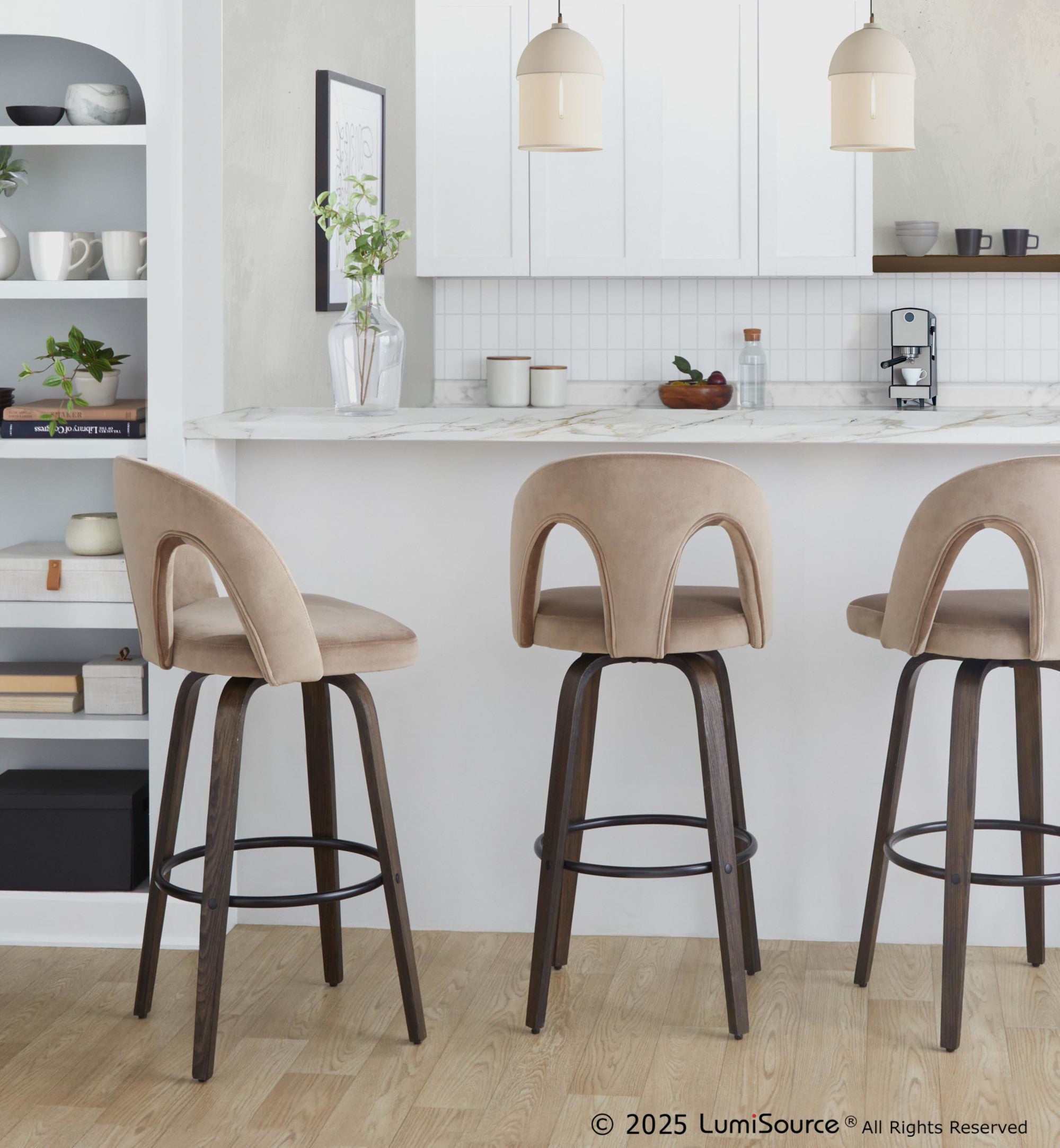Ava Upholstered 30" Fixed-Height Barstool - Set of 2 - Walnut Glazed Wood, Taupe Velvet, Black Metal