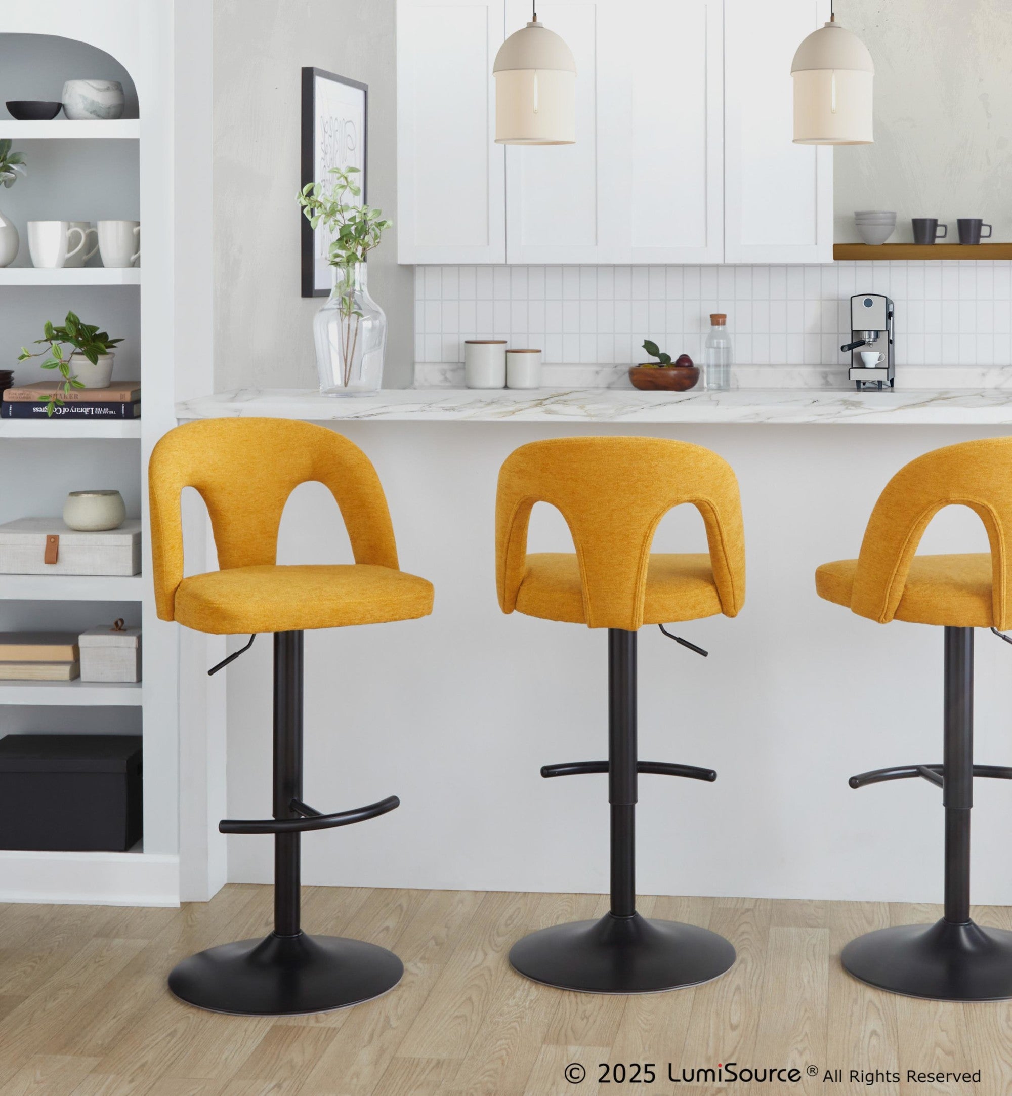 Ava Upholstered Adjustable Barstool - Set of 2 - Black Metal, Yellow Fabric