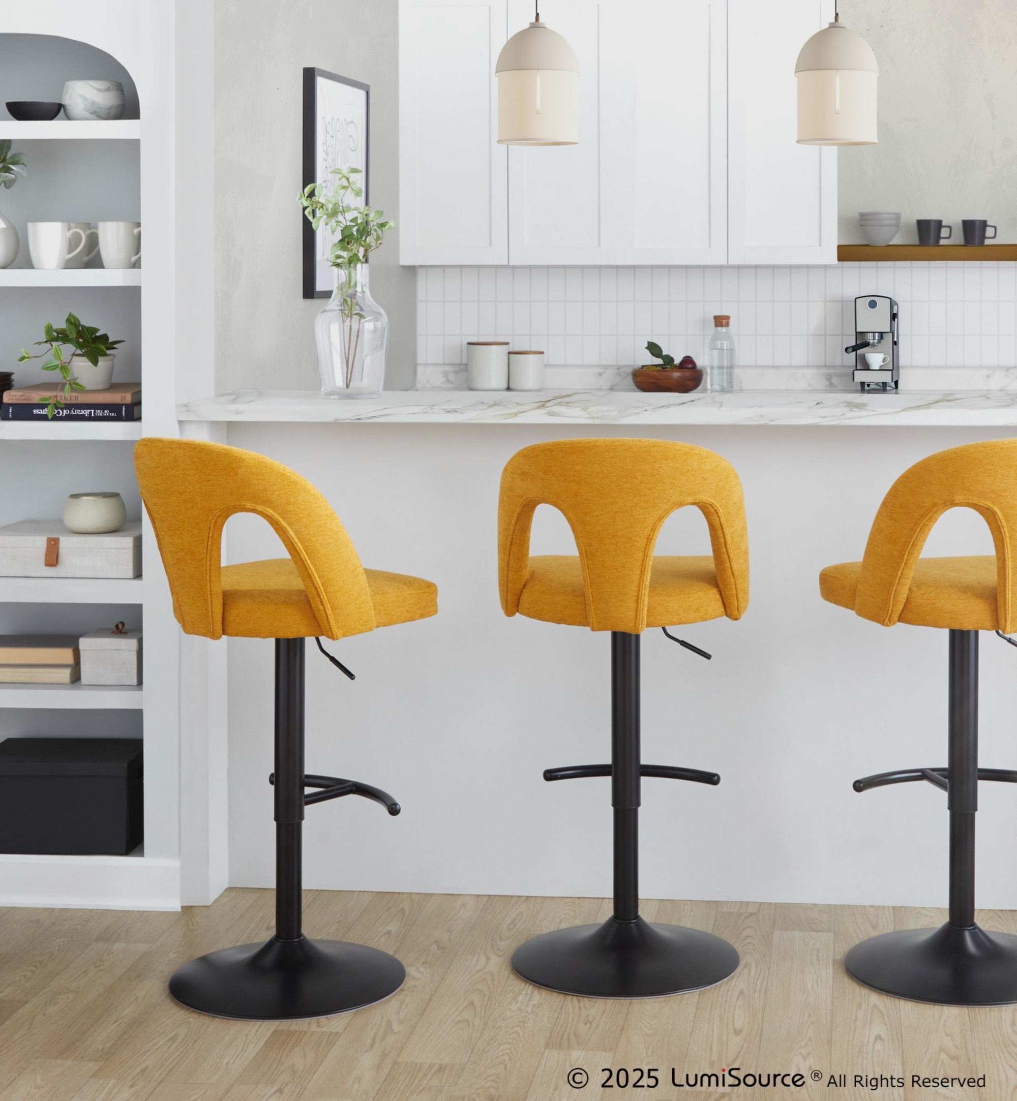 Ava Upholstered Adjustable Barstool - Set of 2 - Black Metal, Yellow Fabric