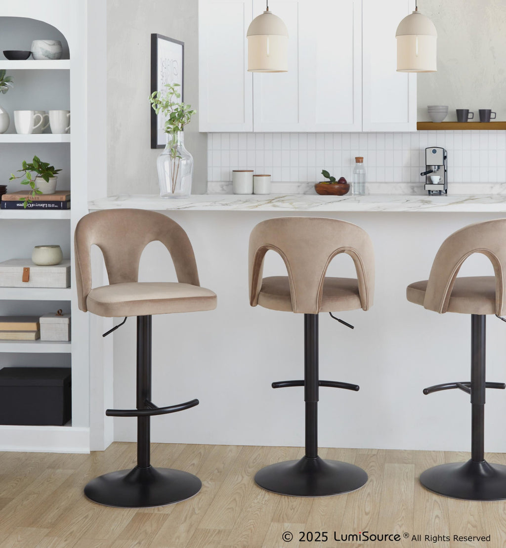 Ava Upholstered Adjustable Barstool - Set of 2 - Black Metal, Taupe Velvet