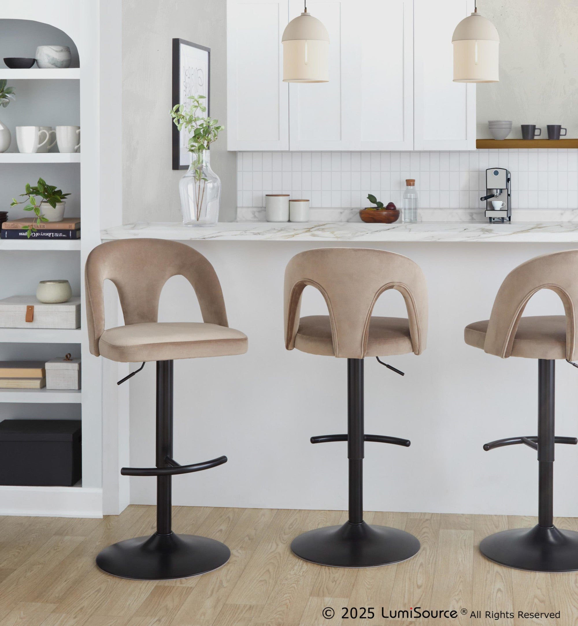 Ava Upholstered Adjustable Barstool - Set of 2 - Black Metal, Taupe Velvet