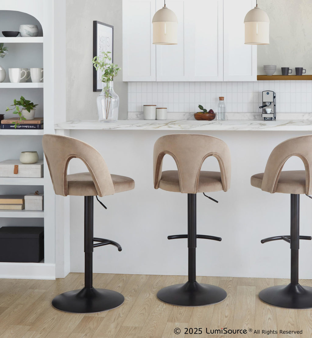Ava Upholstered Adjustable Barstool - Set of 2 - Black Metal, Taupe Velvet