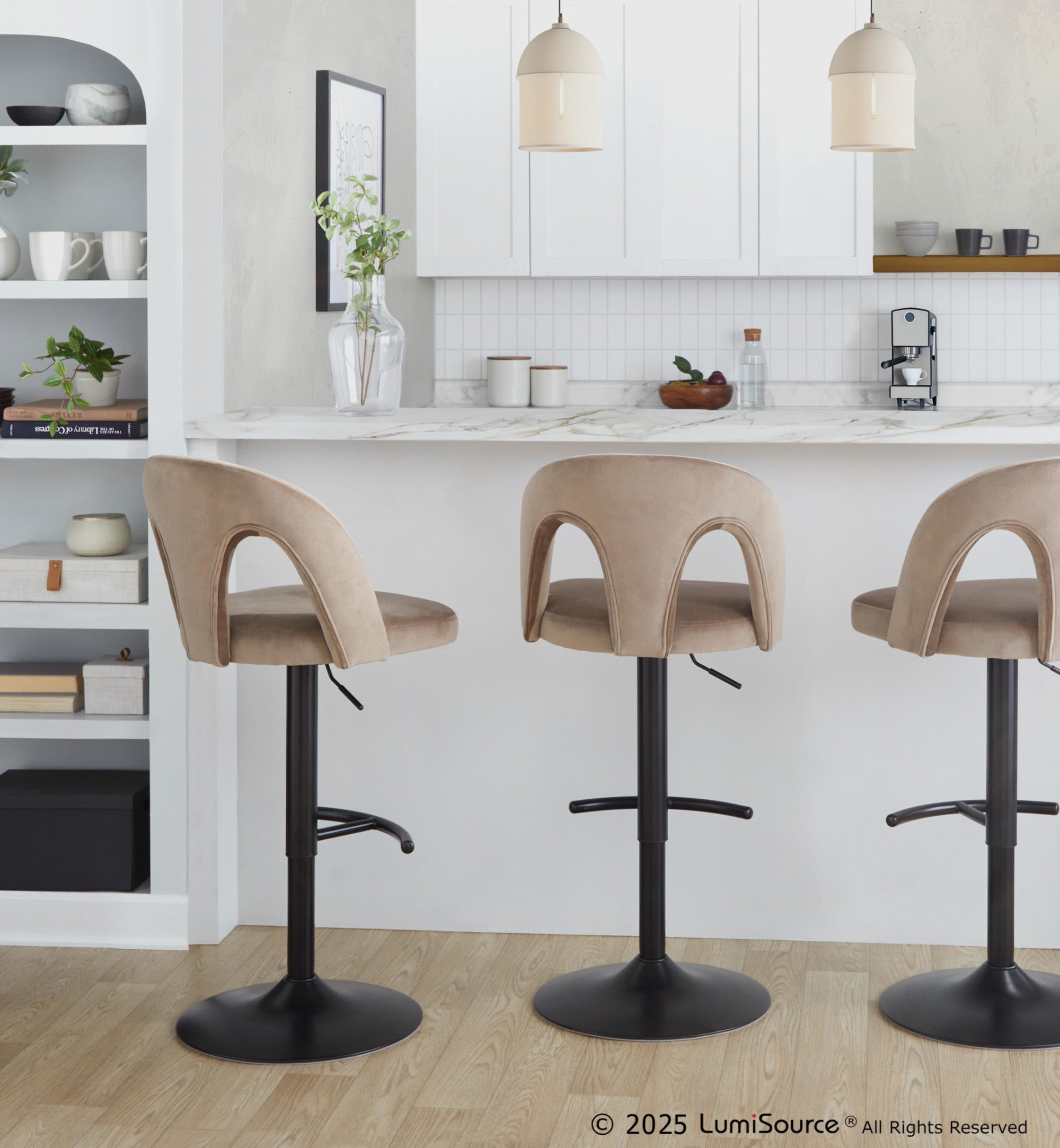 Ava Upholstered Adjustable Barstool - Set of 2 - Black Metal, Taupe Velvet