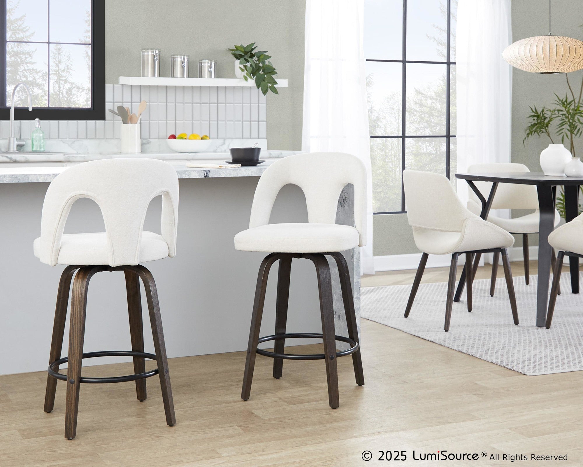 Ava Upholstered 26" Fixed-Height Counter Stool - Set of 2 - Walnut Glazed Wood, Snow White Fabric, Black Metal