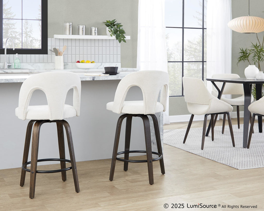 Ava Upholstered 26" Fixed-Height Counter Stool - Set of 2 - Walnut Glazed Wood, Snow White Fabric, Black Metal