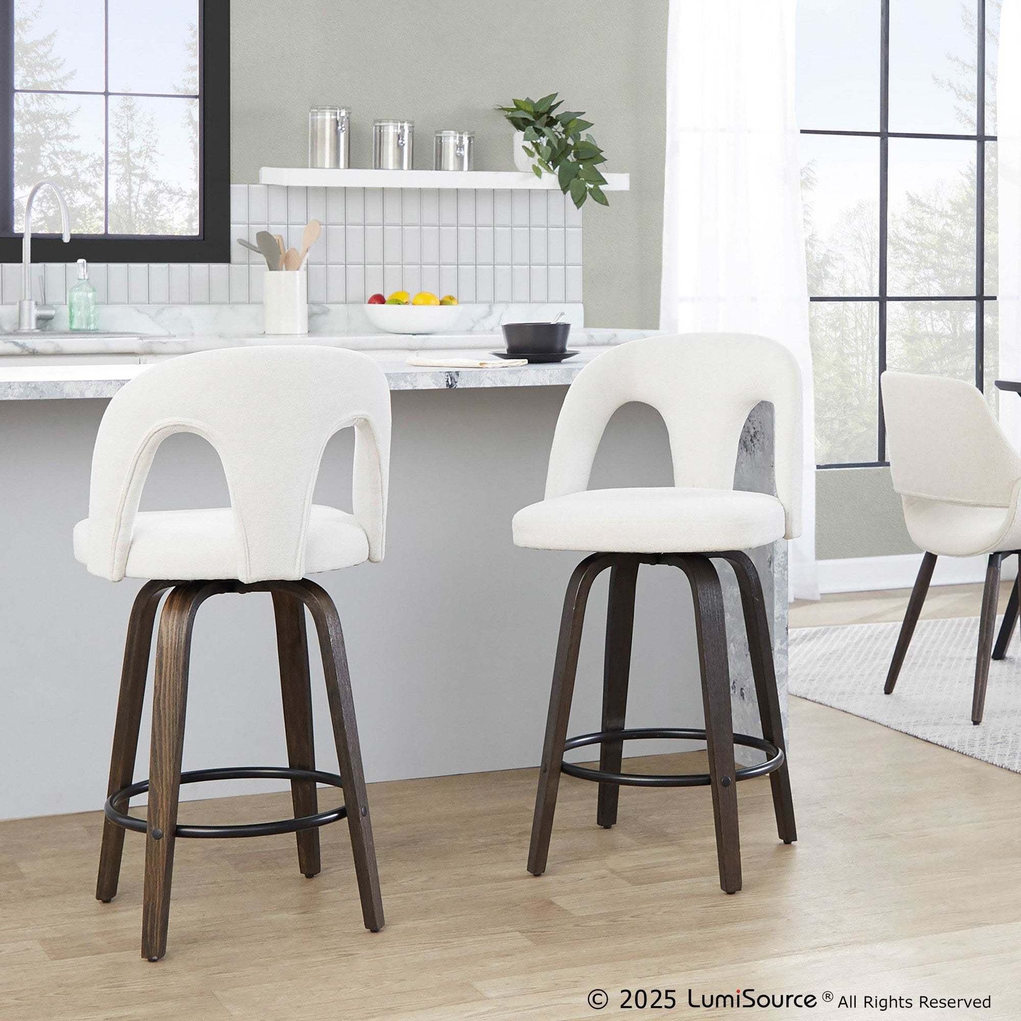 Ava Upholstered 26" Fixed-Height Counter Stool - Set of 2 - Walnut Glazed Wood, Snow White Fabric, Black Metal
