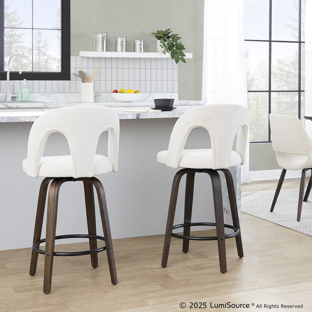 Ava Upholstered 26" Fixed-Height Counter Stool - Set of 2 - Walnut Glazed Wood, Snow White Fabric, Black Metal