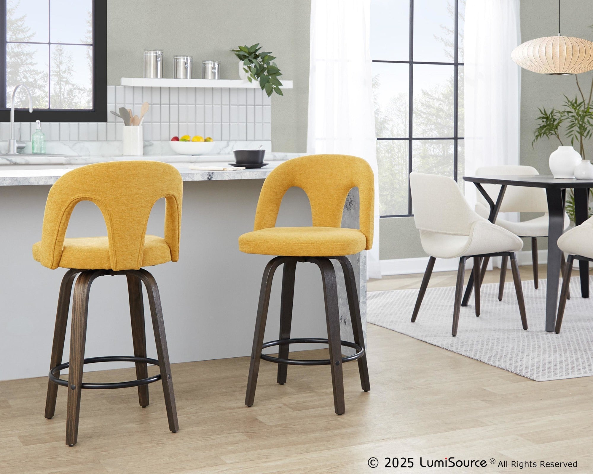 Ava Upholstered 26" Fixed-Height Counter Stool - Set of 2 - Walnut Glazed Wood, Yellow Fabric, Black Metal