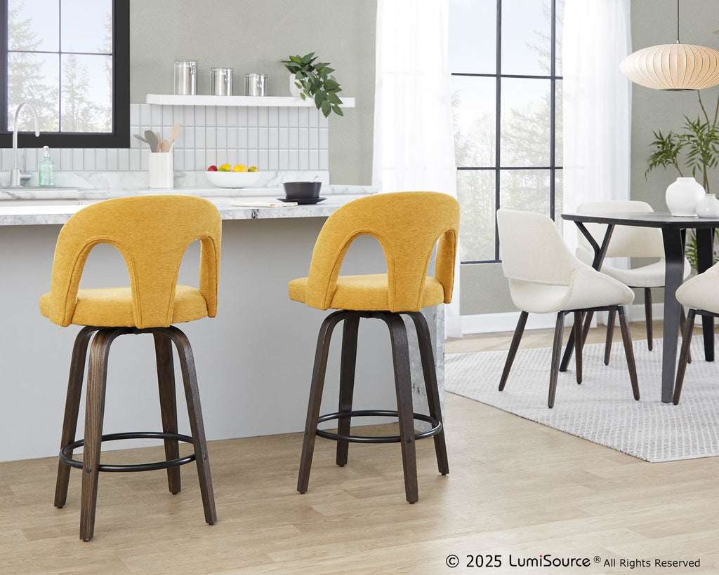 Ava Upholstered 26" Fixed-Height Counter Stool - Set of 2 - Walnut Glazed Wood, Yellow Fabric, Black Metal
